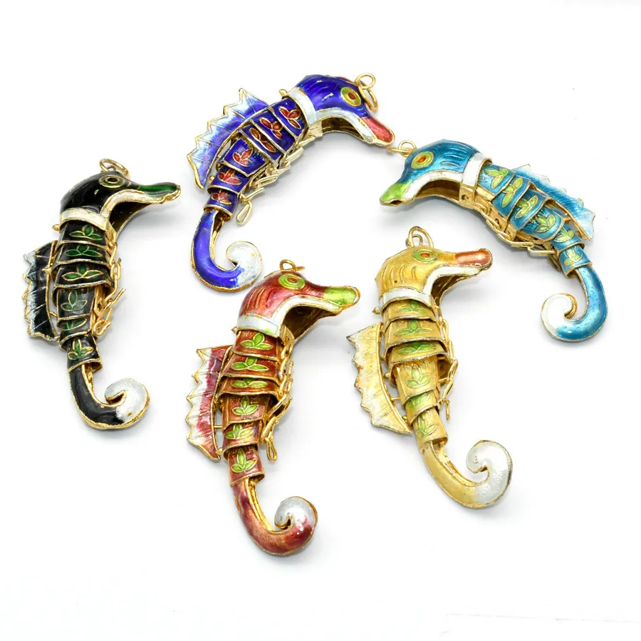 7.5cm Middle Size Blue Red Green Black Purple Enamel Color Cloisonne Movable Joint Hippocampus Seahorse Pendants For Necklace