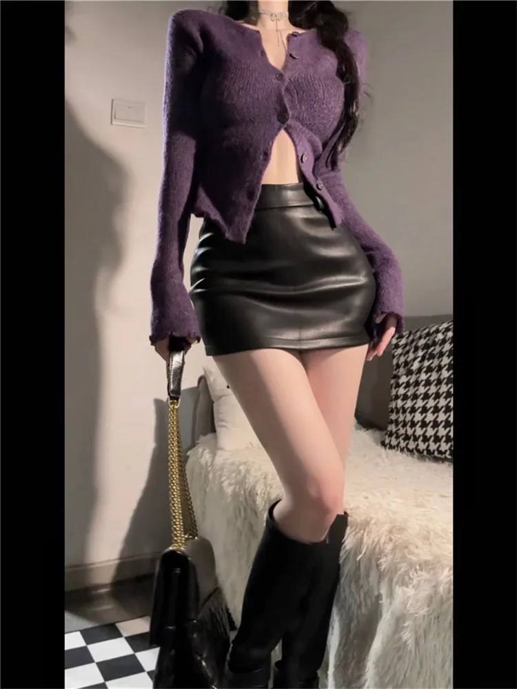 Leder Matte Dünne Mini Sexy Mode PU Heißer Kurzen Hohe Taille Rock Koreanische Nachtclub Streetwear Schwarz Und Weinrot Kurze Röcke – Detail 3