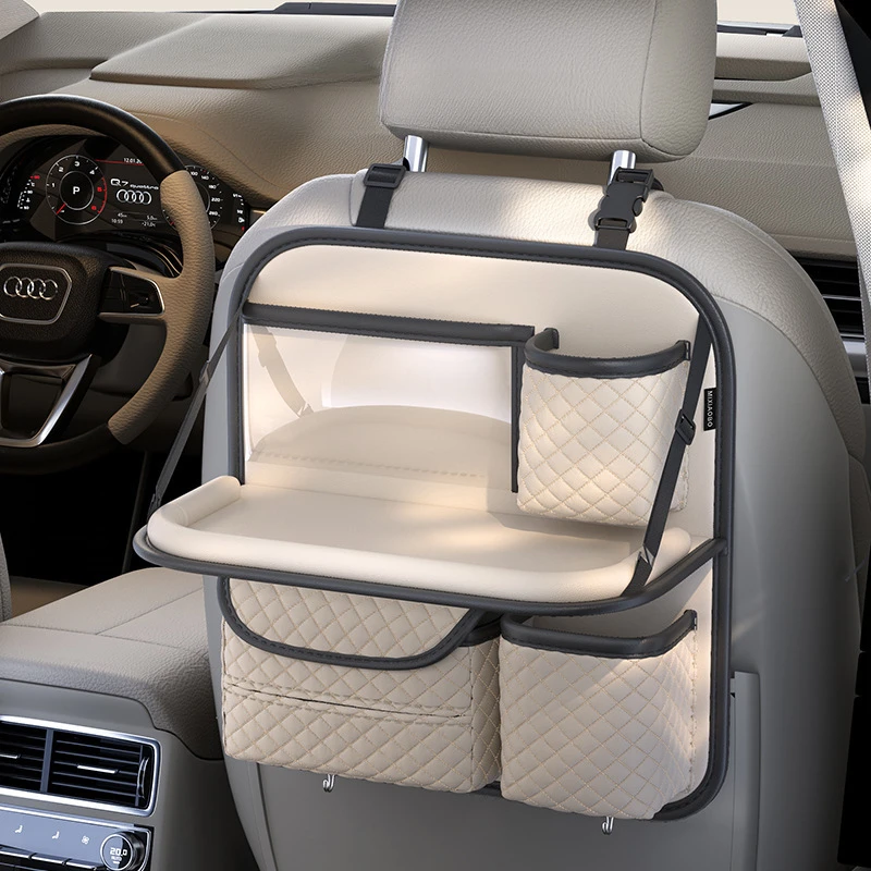 

Car Seat Back Storage Organizer Foldable Table PU Leather Auto Backseat Hanging Rear Tissue Box Phone Pocket Holder Food Desk