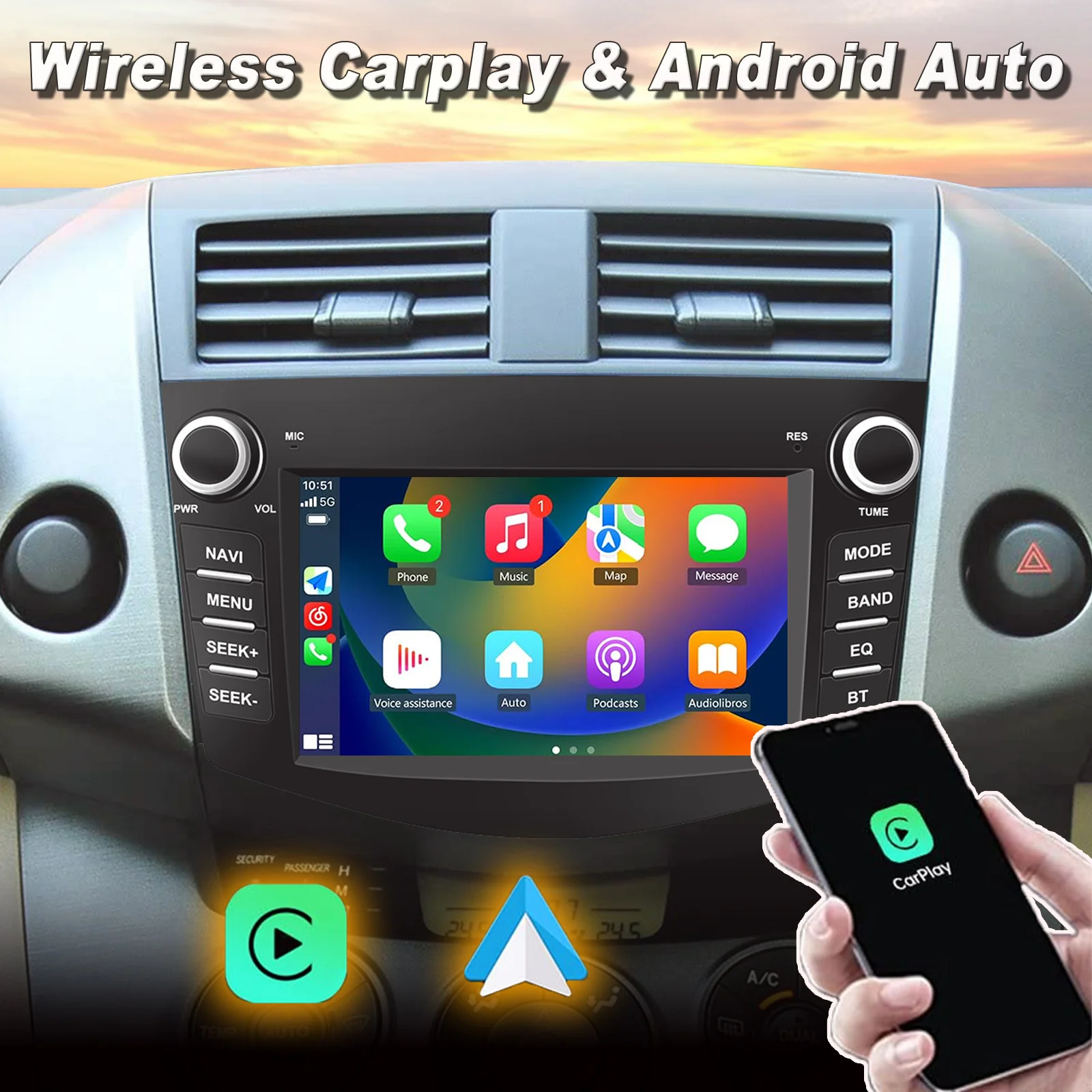 

Android Car radio for Toyota RAV4 2006-2012 screen Carplay Android Auto, GPS Navigation, Bluetooth, FM radio, SWC, rear camera