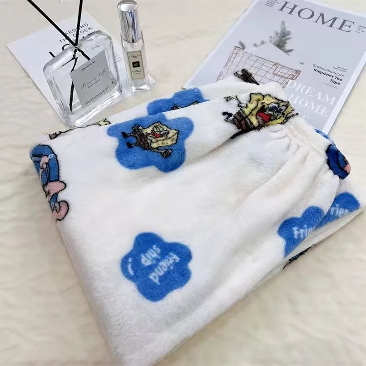 Winter Warm Flannel Home Trousers Cartoon Printed Pajama Pants For Women Y2K Cute Fluffy Pyjamas Homewear Casual Loose Sleepwear