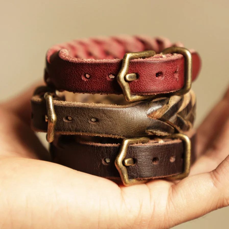 Retro Handmade Vegetable Tanned Top Layer Leather Braided Bracelet Adjustable Unisex Distressed Wristband Jewelry Gift Accessory