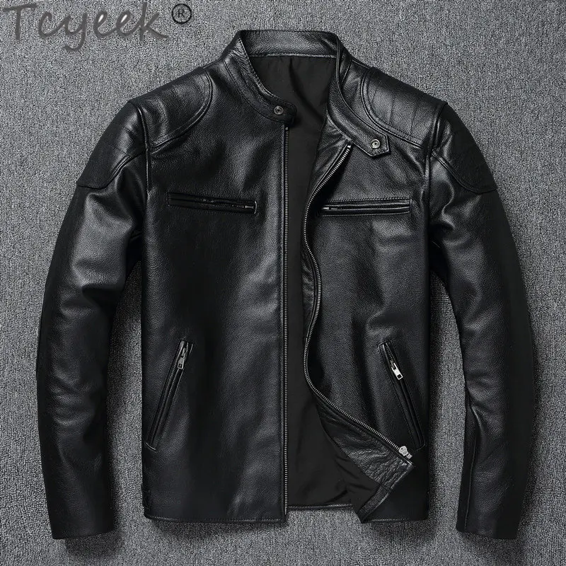 

Tcyeek Mens Genuine Leather Jackets Tide Real Cowhide Motorcycle Jacket Men's Stand Leather Coat S-5xl Spring Fall Men Clothes