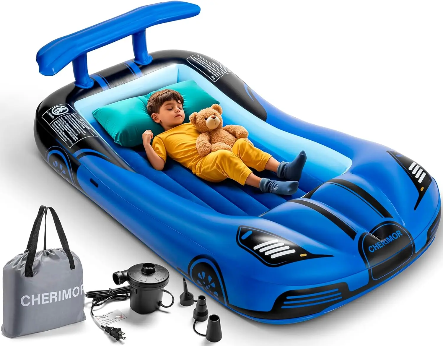 

Inflatable Kids Travel Bed With Safety Bumpers, Portable Racecar Toddler Air Mattr With Electric Pump, Toddler Blow Up Mattr