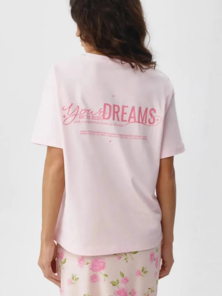 

100%Pure Cotton Pink Easy Tee French Style Art Letter Printed Fashion T-shirts Streetwear Niche Clothes Summer Loose Comfortable