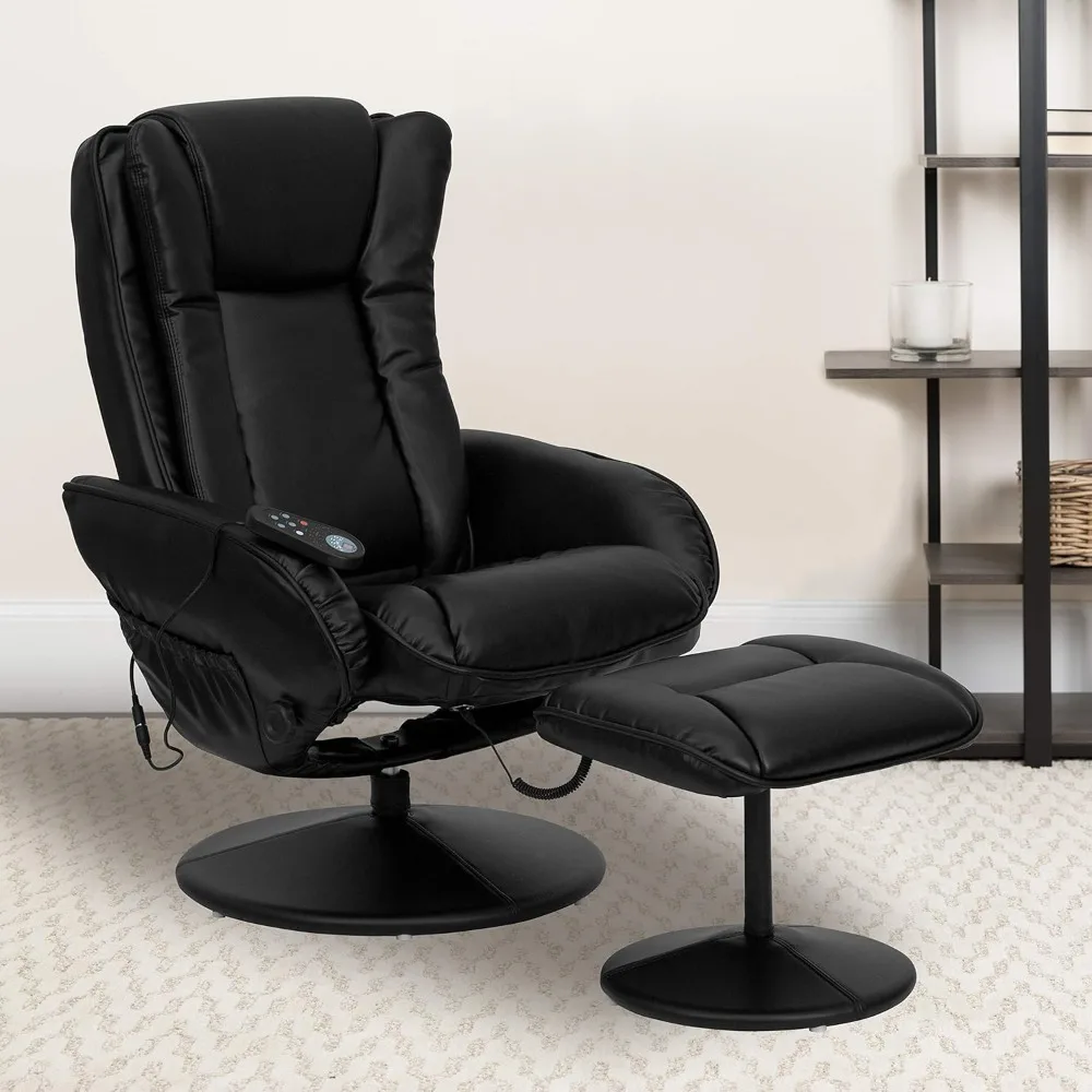 Poppy Massaging Multi-Position Plush Recliner with Side Pocket and Ottoman in Black LeatherSoft