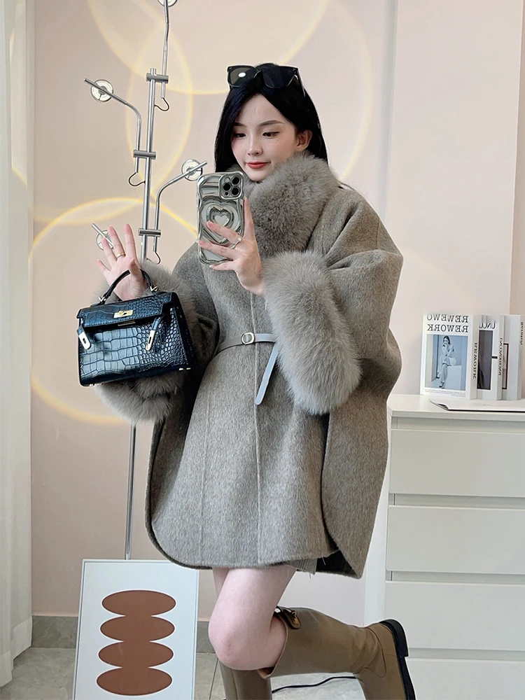 Winter Women\'s Real Fox Fur Coat 100% Wool Cloak Cashmere Warm Jacket Detachable Collar Luxury Thick Female Coat