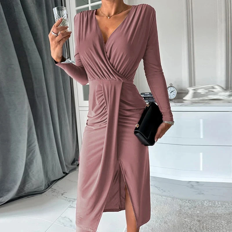 Elegant Pary Dress Women V Neck Long Sleeve Bodycon Dresses For Women Sexy Midi Dress Solid Color Split Up Office Dress