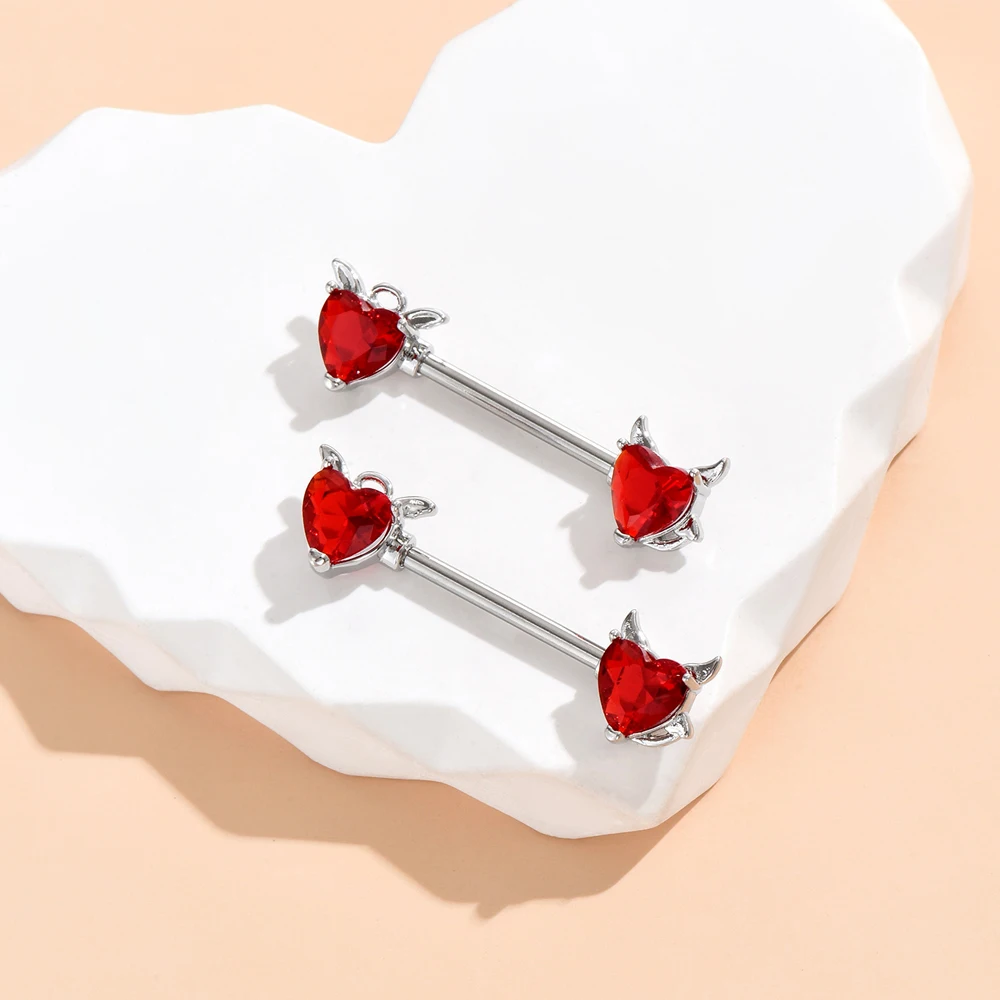 2pcs Red Crystals CZs Nipple Piercing Heart Barbell