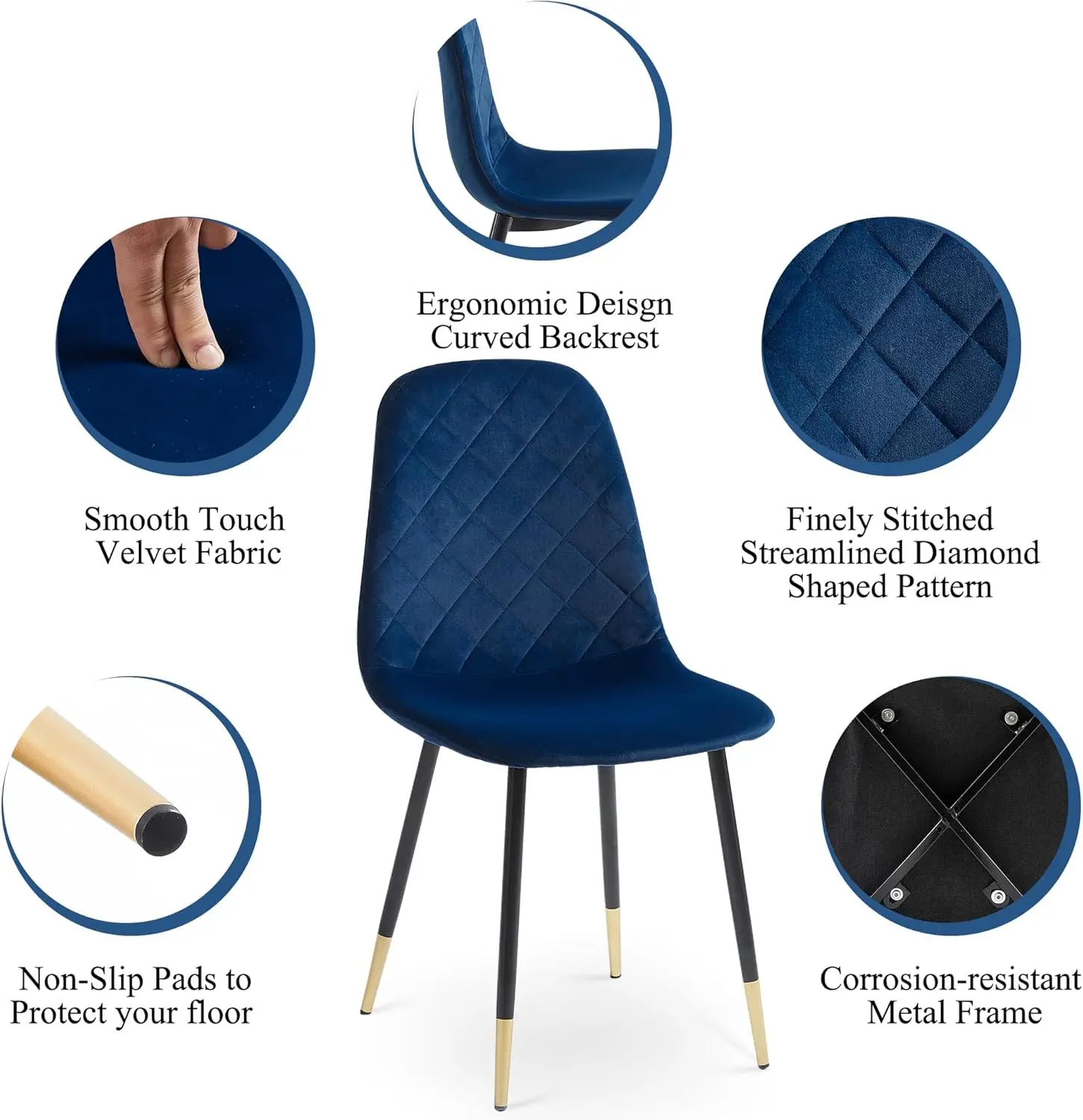 Velvet Dining Chairs Kitchen Plain Color Chair Upholstered Side Stools with Backrest Metal Legs Set of 4, Navy Blue