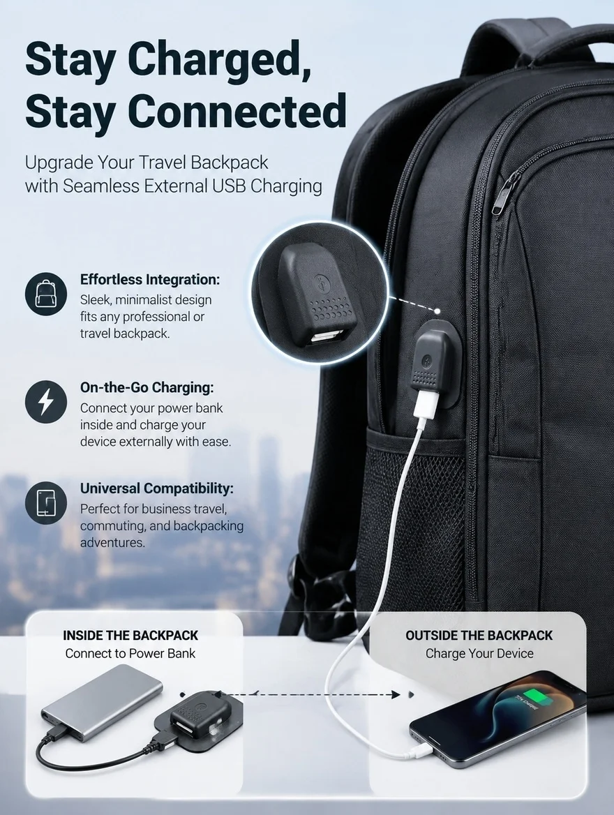 USB Charging Cable with Backpack Mountable Interface Black 20.04x1.65x0.39in Compact External USB Port for Seamless Device