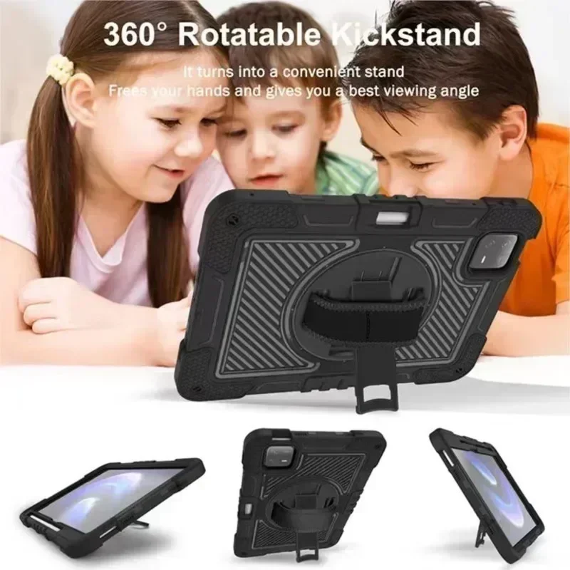 360 drehbare Hülle für Xiaomi Pad 6 PadSE 11 Zoll Kickstand Cover stoßfest mit Hand Schultergurten Capa Schwarz und Roseredpink