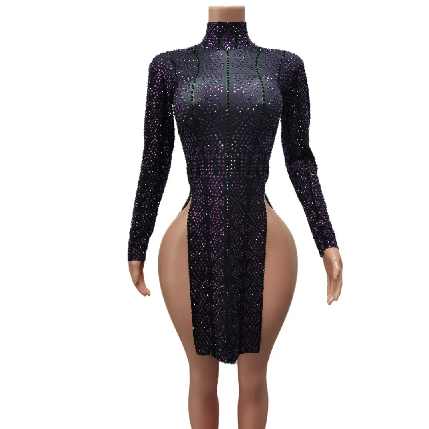 Sexy Lange Ärmel Geburtstag Prom Strass Etuikleid Frauen Abendessen Kleid Tanz Kostüm Hohe Schlitz Nachtclub Party Mini Kleid