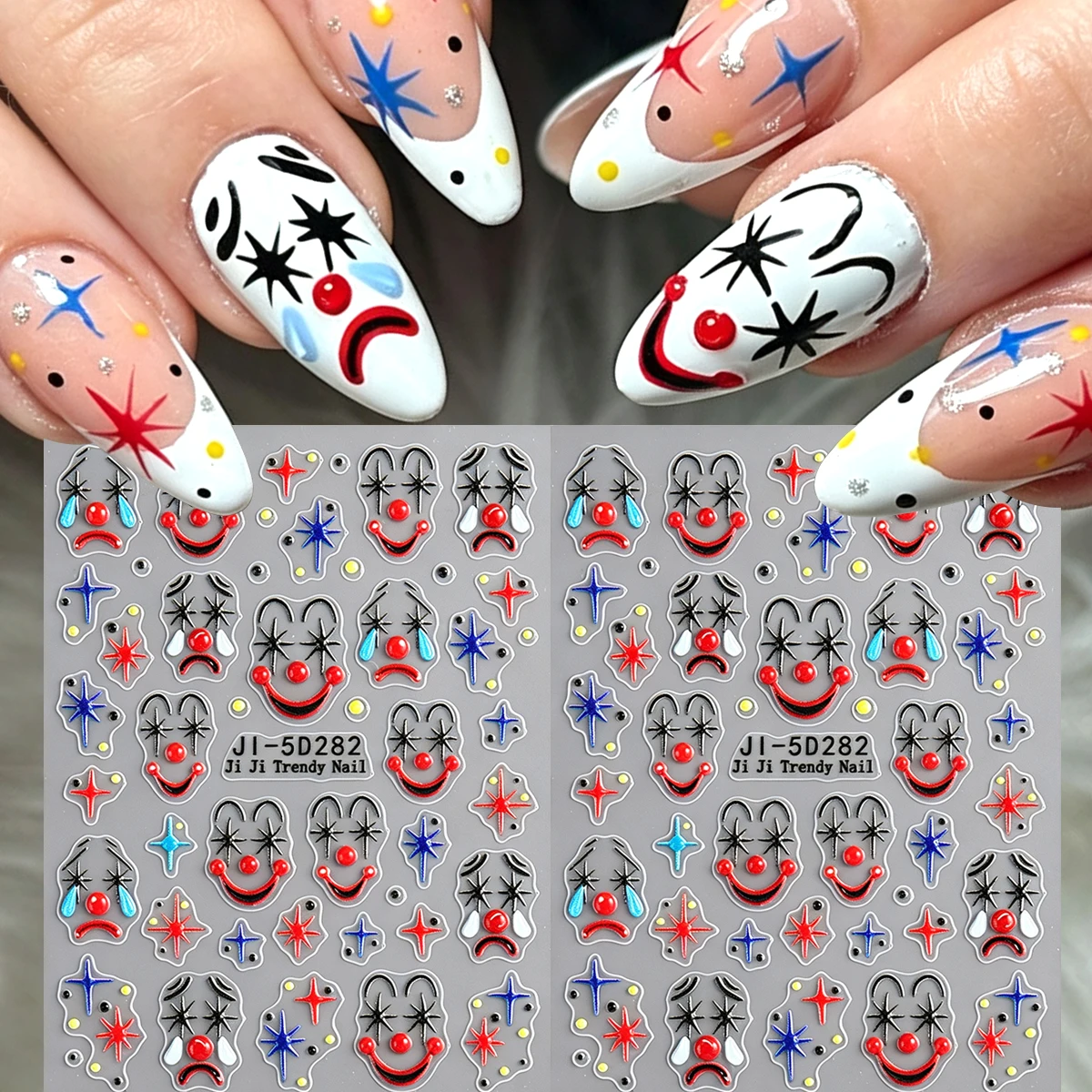Clown Face Nail Art Sticker Colorful Star Firework Self‑Adhesive Nail Decal Funny Sad Happy Clown Pattern Manicure Decor For Par
