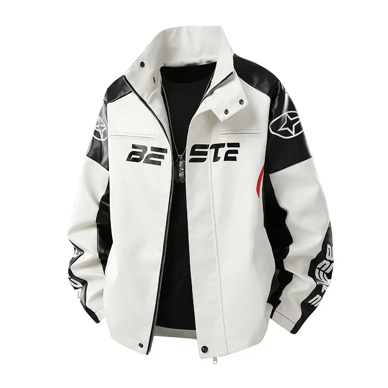 

Autumn Man Jacket Fashion Punk Letter Printed Contrat Color Zipper Male Outerwear Stand Collar Long Sleeve Men Leather Coat