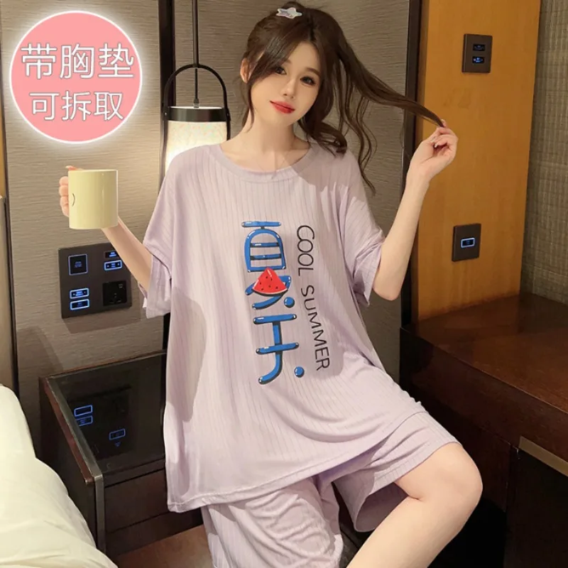 

5XL Plus Size Two Pieces Short Sleeve Pajamas with Chest Pads Summer Loose Loungewear Set Korean Sweet Students Home Clothes