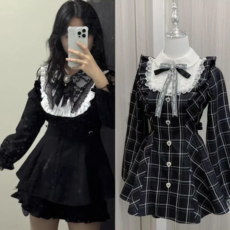 

Bow Ruffled Lace Dresses Y2K Japane Harajuku Sweet Improvement College Patchwork Receiving Waist Slim Pleated A-line Dresses New
