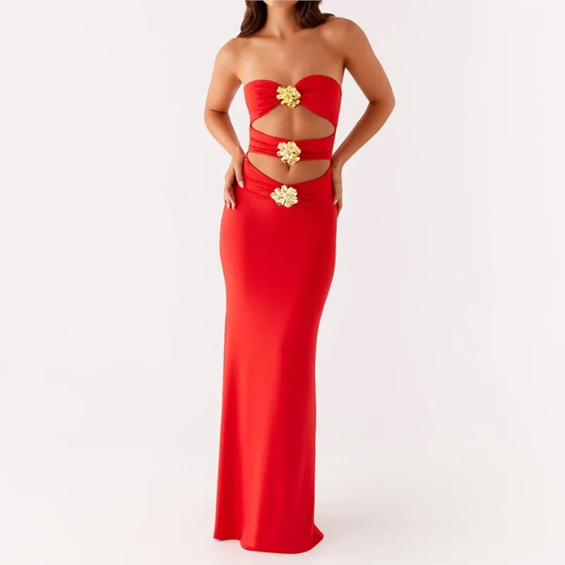 NOVEDAD DE VERANO 2021, vestido largo sexi sin tirantes con recortes, flores metálicas, ceñido al cuerpo, estilo de chica caliente para mujer, ropa informal de fiesta a la moda