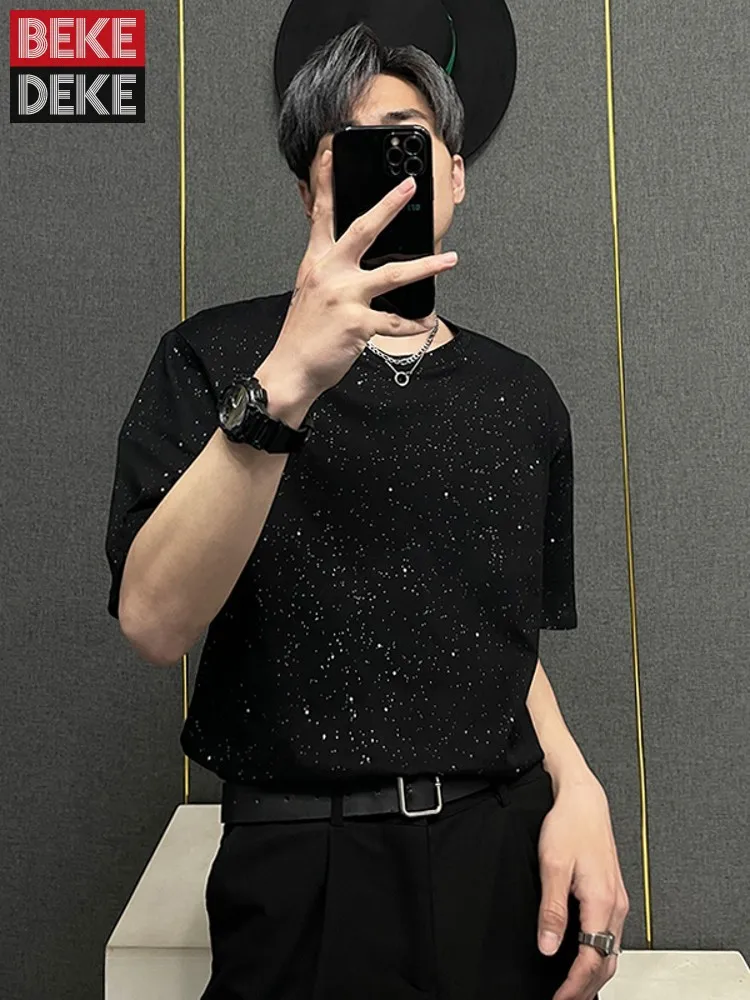 Summer Men Loose Fit Shiny Stars Sequined T-Shirt Casual Short Sleeve Tops Fashion Black High Street Pullover O Neck Tees Tops