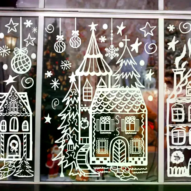 4 Pcs Christmas Window Decals: Reindeer Pine Tree Snowflake Pattern Self Adhesive Home Xmas Holiday