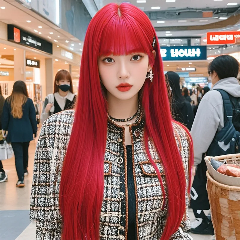 

Korean and Japanese girl group red long straight synthetic wig with bangs