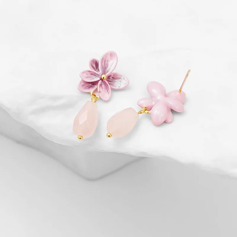 Pink Flower Ear Studs Elegant Vintage Neo-Chinese Style Water Drop Earrings For Women Pearl Jewellry