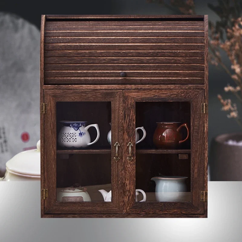 Tea Set Vessel Shelf, Retro Glass Cabinet, Double Dustproof Doors, Insect Moth Prevention, Solid Wood Storage Rack