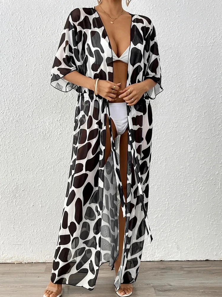 Vrouwen sexy mesh print bikini cove up korte mouw dame lange strandjurk losse vrouwelijke braziliaanse badpak cover-ups