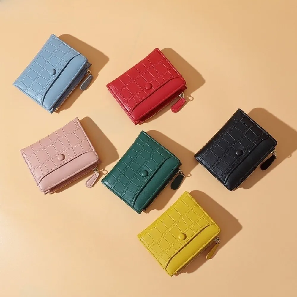 Multi Card Slot Crocodile Pattern Wallet Short Waterproof PU Leather Coin Purse Fold Solid Color Multiple Card Holder Girls