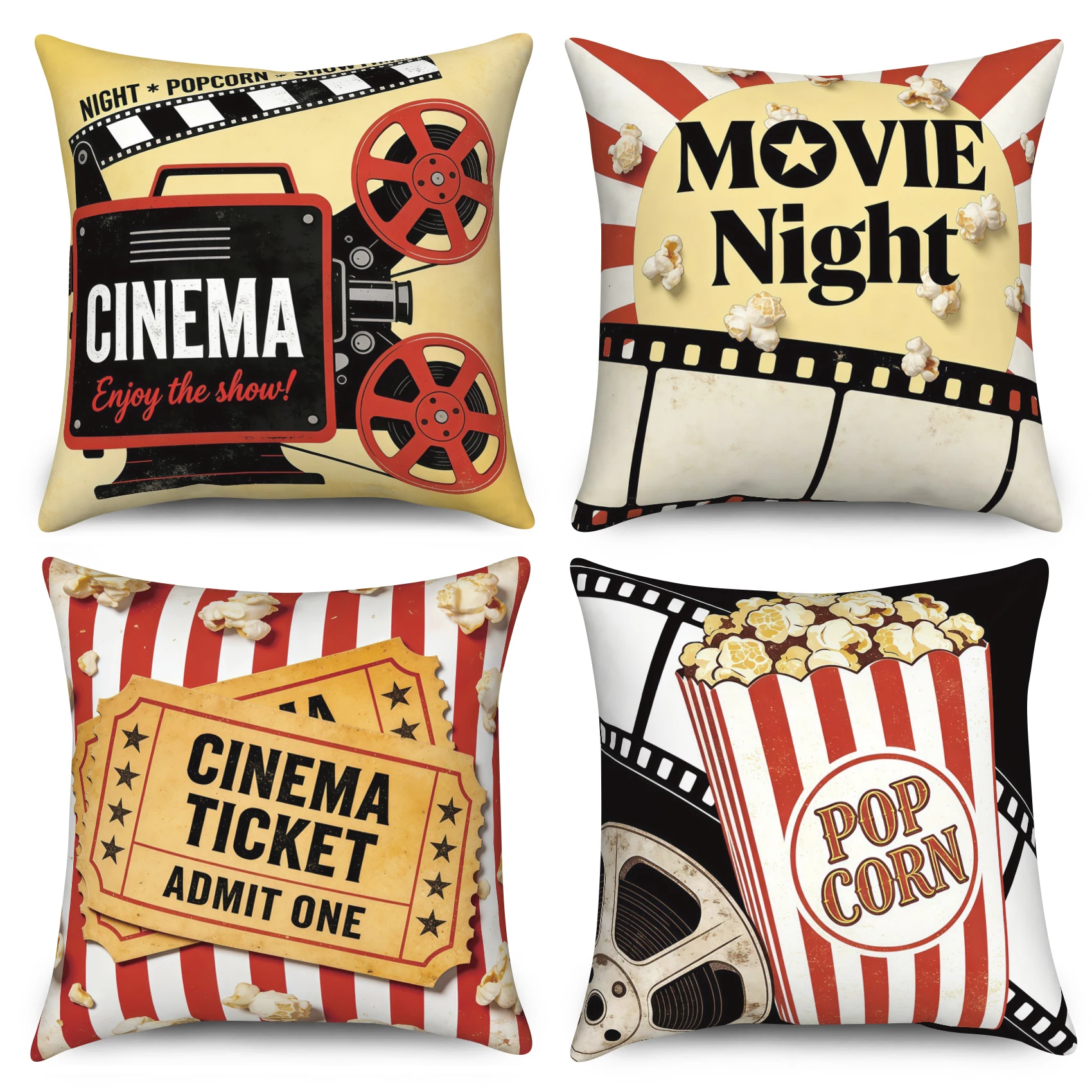 4pcs Retro Movie Night Pillow Cover Vintage Cinema Popcorn Film Reel Polyester Linen Fabric Pillowcases for Home Theater Decor