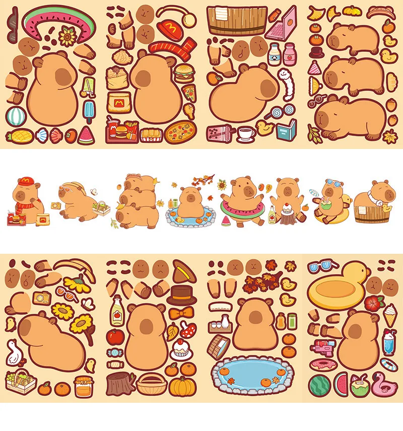 8/16Pcs Cartoon Capybara Jigsaw Puzzle Make A Face Stickers for DIY Game Fridge Drawer Notebook Wardrobe Printer Storage Box