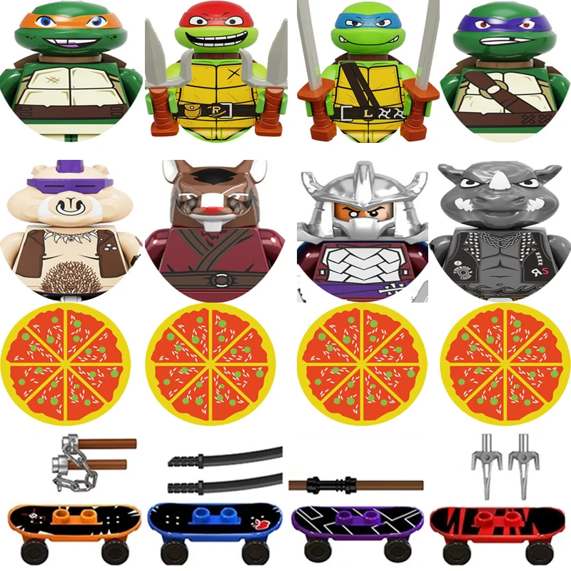 ¡¡¡Salida de fábrica!!! Trituradora de tortugas Ninja, astilla de rinoceronte, jabalí con Pizzas, juguetes de bloques de construcción, regalo para niños
