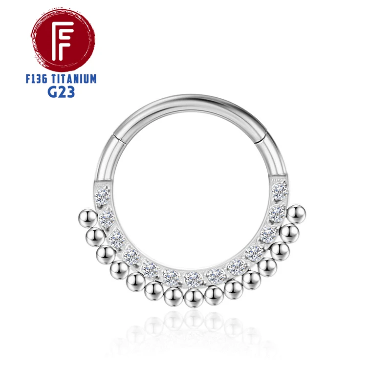 F136 Titanium Nose Piercing Hinged Bead Hoops CZ Stone Rings