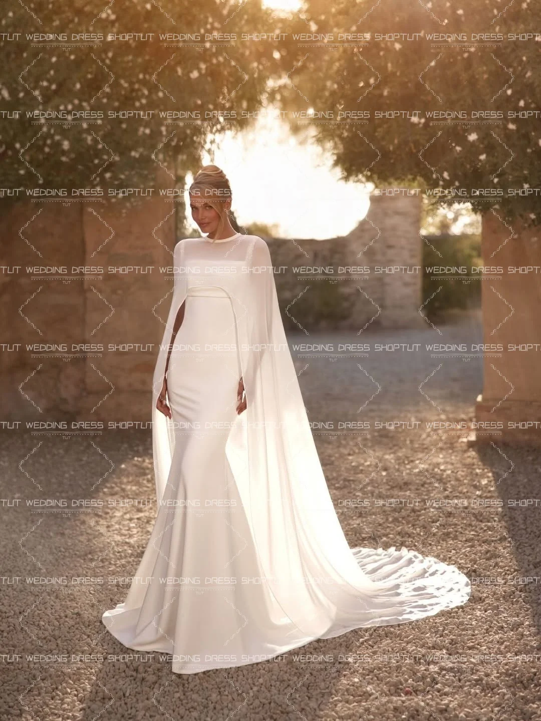 TLIT Vintage Ivory Elastic Satin Wedding Dresses Customized Spaghetti Strap with Crystals with Chiffon Jacket Bridal Gowns