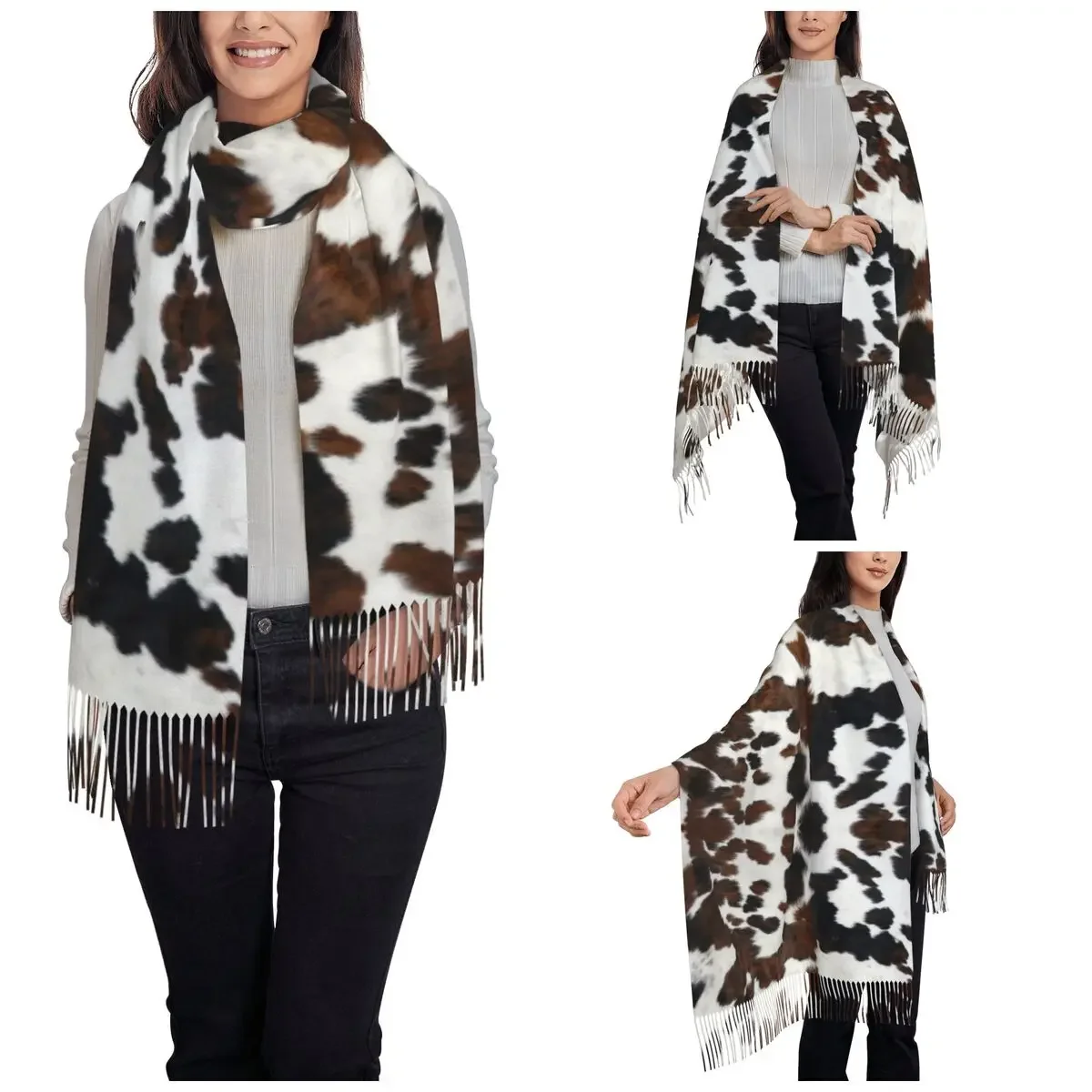 Cowhide Tan Texture Shawl Wrap Womens Winter Large Soft Scarf Animal Fur Leopard Pattern Pashminas Tassel Scarves