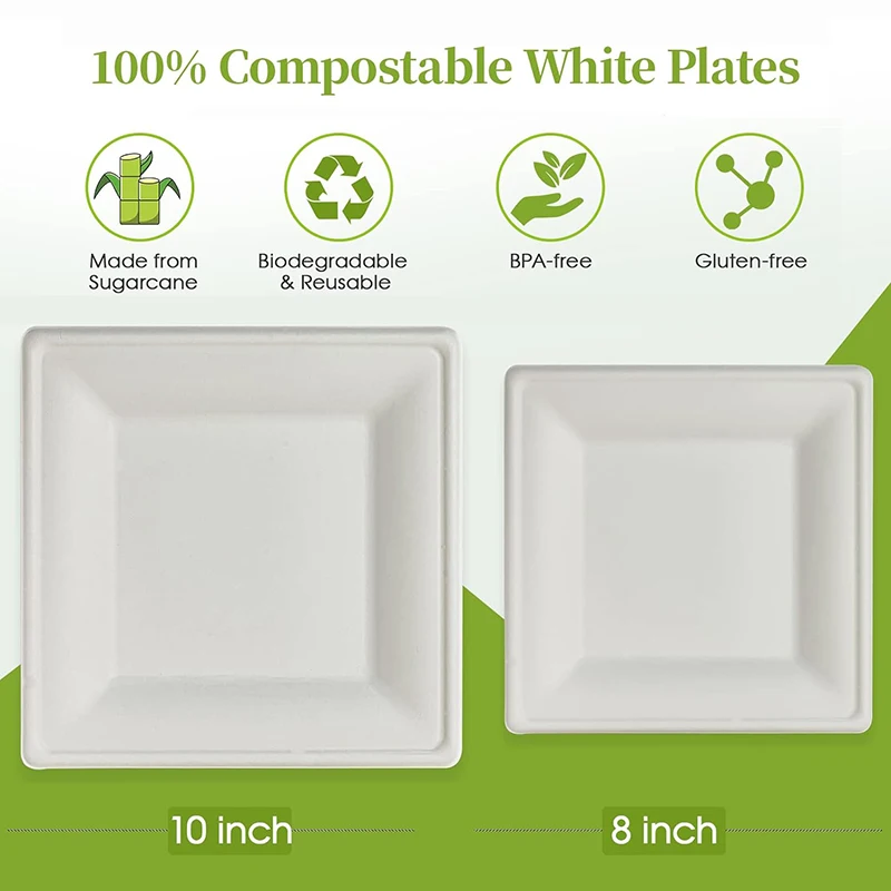 60Pcs Compostable Paper Plates, Disposable Square Plates, Eco-Friendly Biodegradable Bagasse Utensils Tray for Party Dinner