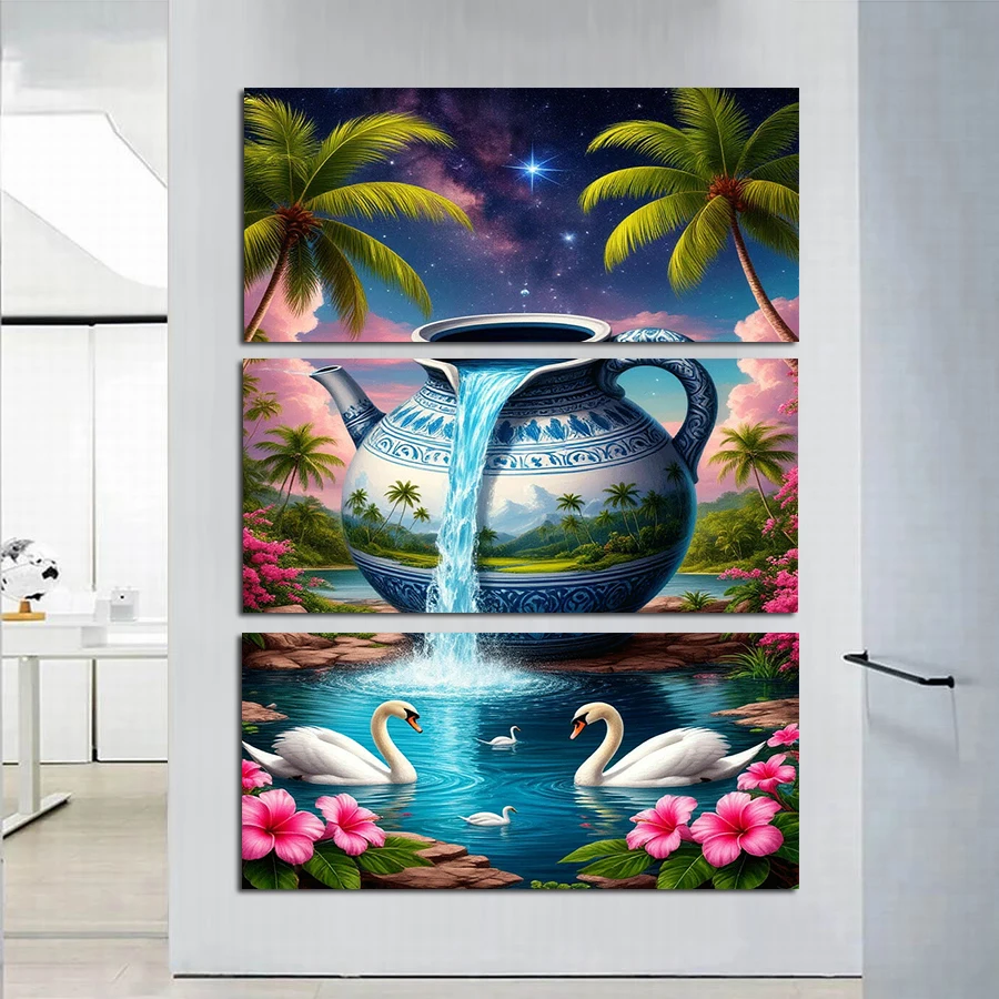 

Pot Waterfall Swan Scenery Lake Diy Diamond Painting Large Size Triptych Landscape Full Mosaic Embroidery Pictures 3pieces/set