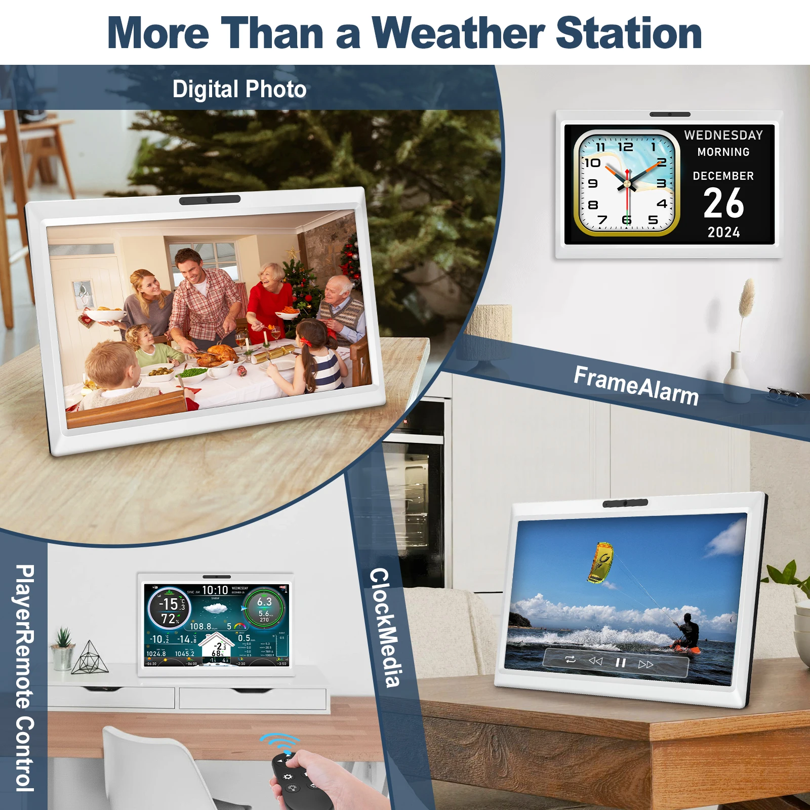 Estación meteorológica WiFi con pantalla HD TFT de 10,1 pulgadas, Sensor inalámbrico para exteriores con Control remoto Solar, alarma de marco de fotos Digital