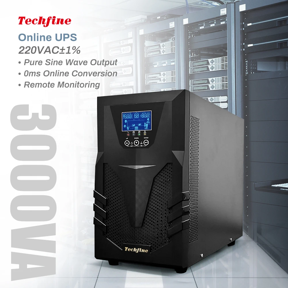 Techfine UPS Online de 3KVA 3KW, Inversor de Onda Sinusoidal Pura con Conversión de 0ms, UPS de 3000VA, Sistema de Alimentación Ininterrumpida