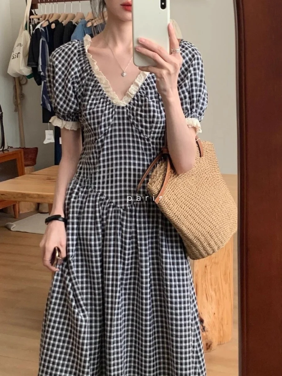 

ROUJE KEFSS Black And White Plaid One-Piece Dress Women's Summer 2024 New V-Neck Waist-Cinching Slimming Long Dress
