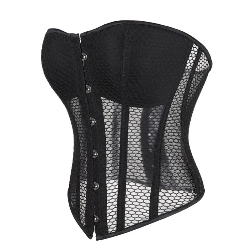 

Women's Sexy Corset Top Lace Up Plastic Boned Bustier Hollow Out Mesh Gothic Korsett Overbust Lingerie Body Shaper Corselet