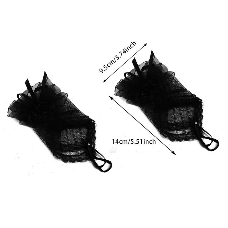 قفازات سوداء قصيرة على الطراز القوطي للسيدات من الدانتيل المتناثر لحفلات الزفاف والهالوين وأكمام شبكية على شكل فيونكة يدوية