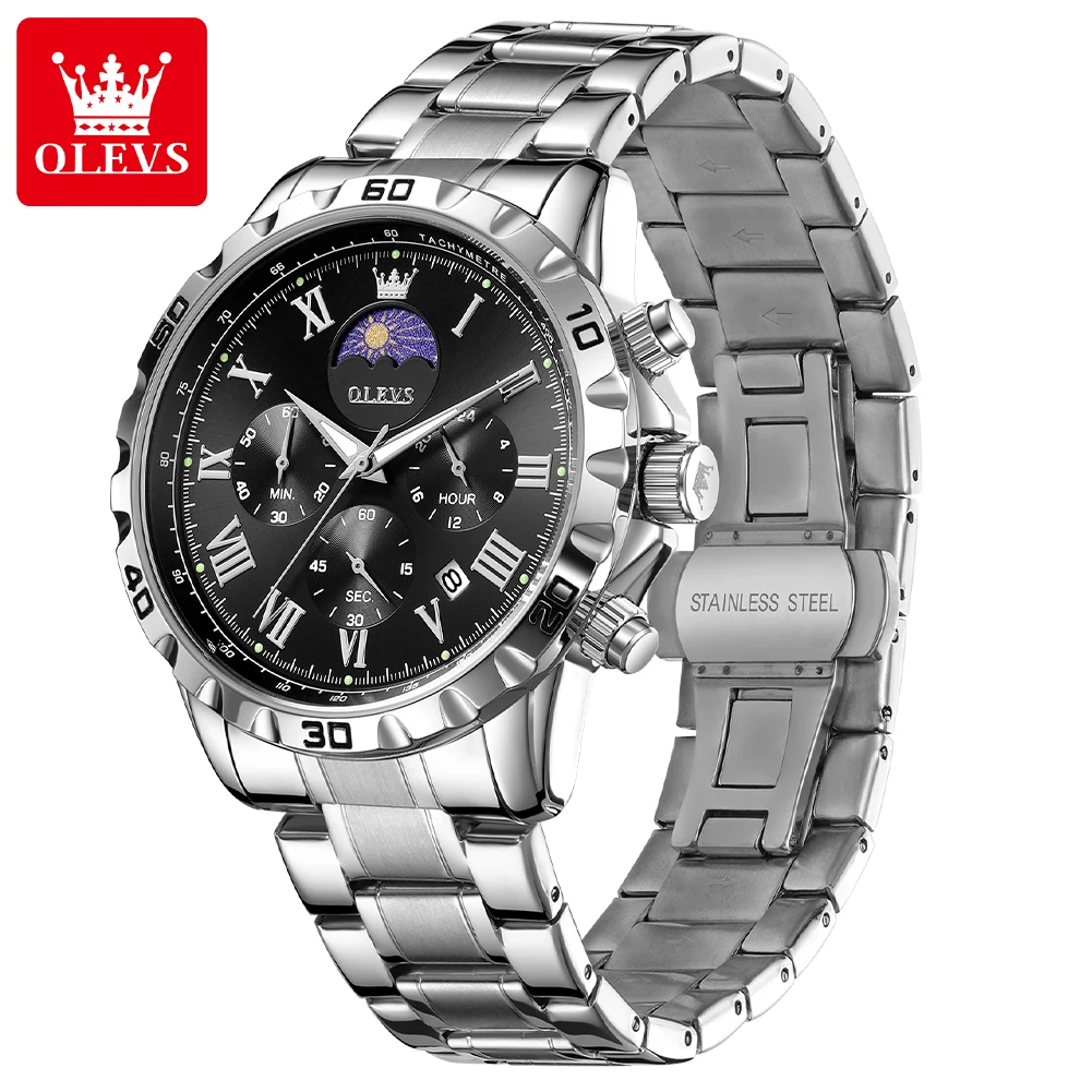 OLEVS 2950 Men's Quartz Wristwatch 24 Hour Moon Phase Chronograph Auto Date Luxury Man Watch Original Waterproof Watches for Man