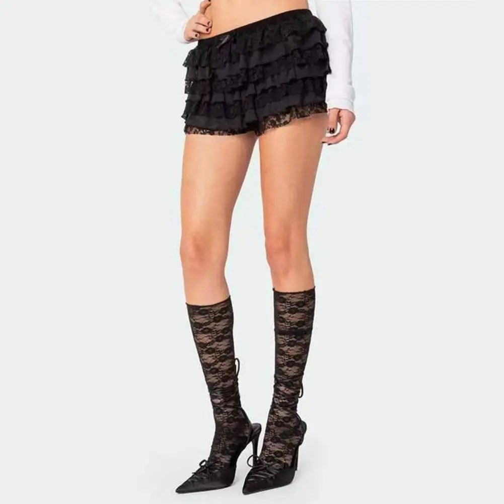 Low-rise Lace Shorts Lolita Style High Waist Beach Shorts with Ruffle Lace Trim Multi-layered Scattered Hem Women's for Daily