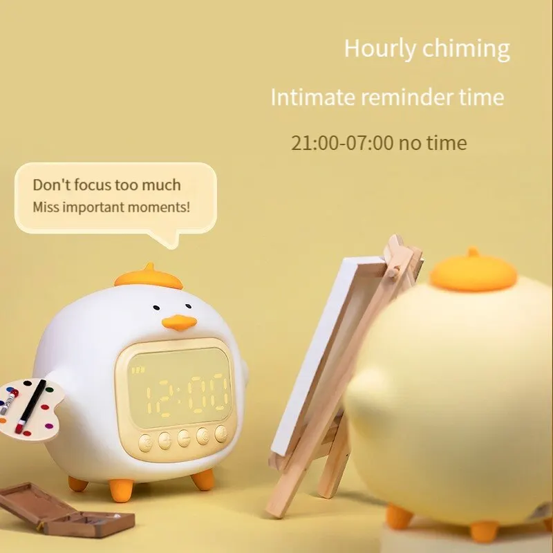 LED Time Display Night Light Cute Duckling Wake Up Volume Adjustable Alarm Clock Room Decorative Rechargeable Lamp Children Gift