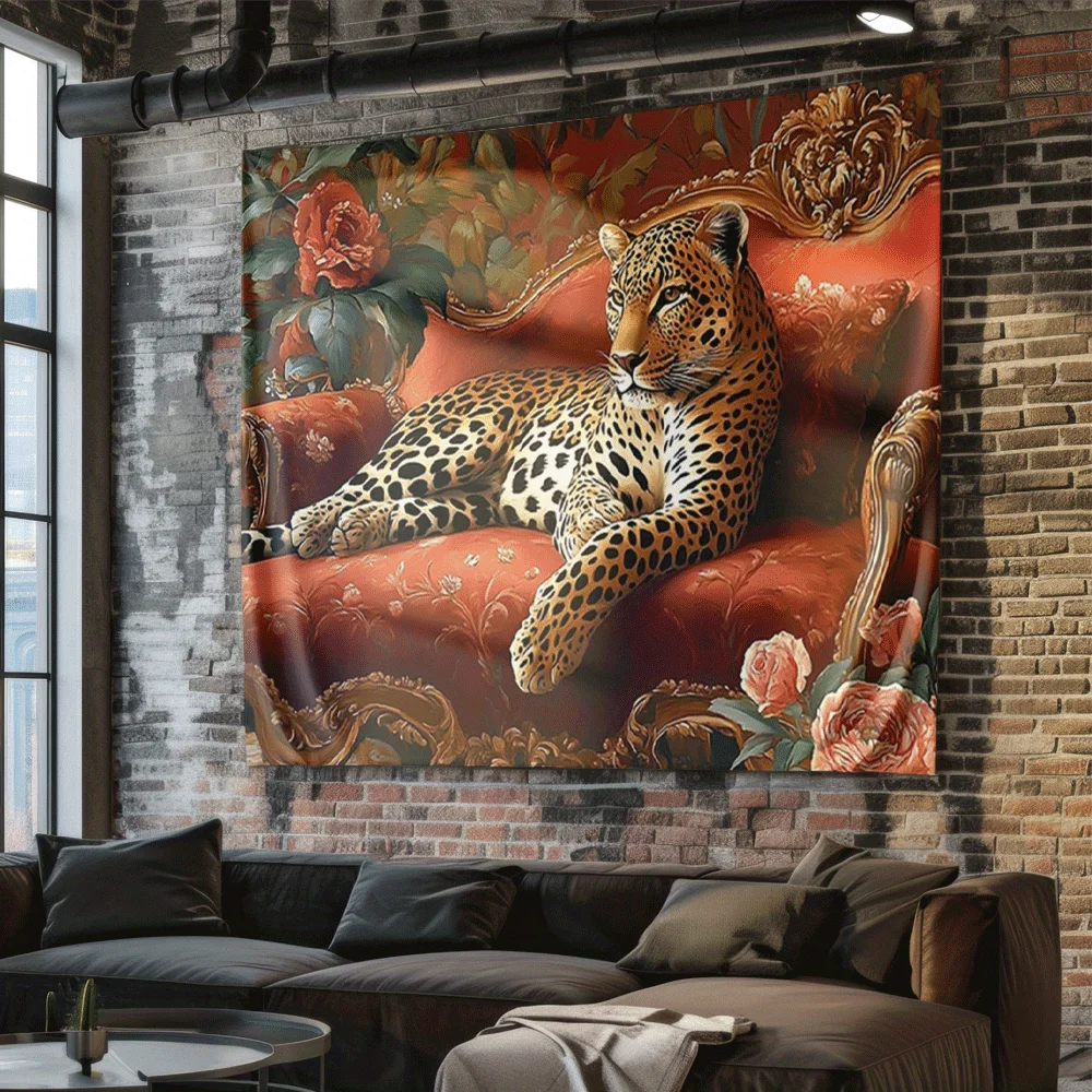 leopard on the red sofa Digital printing polyester wall hanging tapestry decorative Living room bedrooms Office background gift