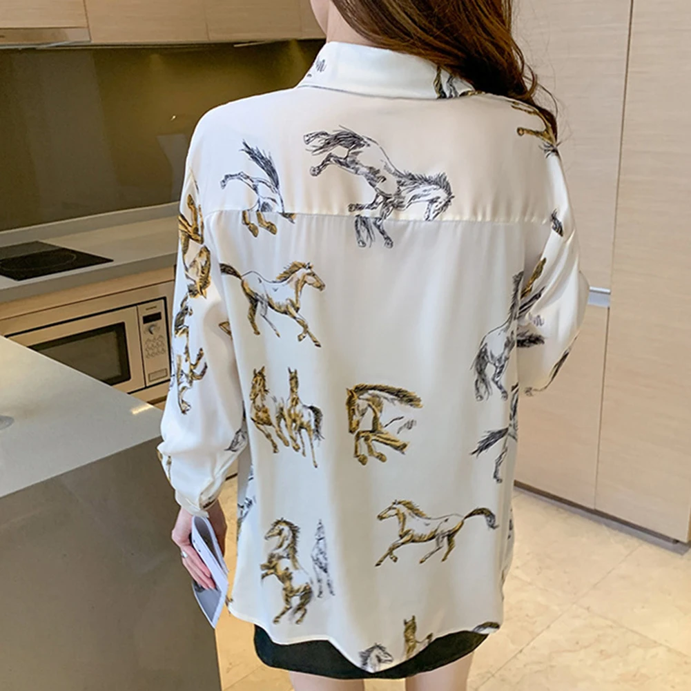 Dating Leisure Shirt Blouse Horse Print Lapel Long Sleeves Retro Single-breasted Spring Summer Vintage Fashion