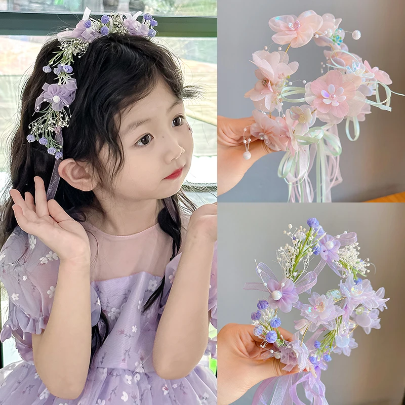 2025 New Baby Girls Princess Colors Pearl Floral Ribbon Hairbands Cute Sweet Hair Hoop Headbands Children Women Hair Accessories