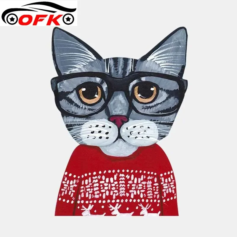 OFK  Cat With Glasses Christmas Sweater Head PVC  Car Sticker 11.9CM*16.4CM