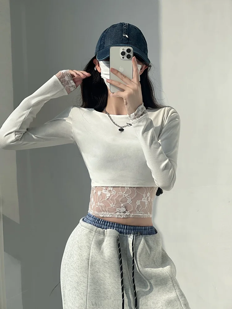 

H Xiaoan Lace Base Design Long Sve Women's T-irt Spring Autumn Pure Desire Wind Belly ow Sexy Inner ort T-irt